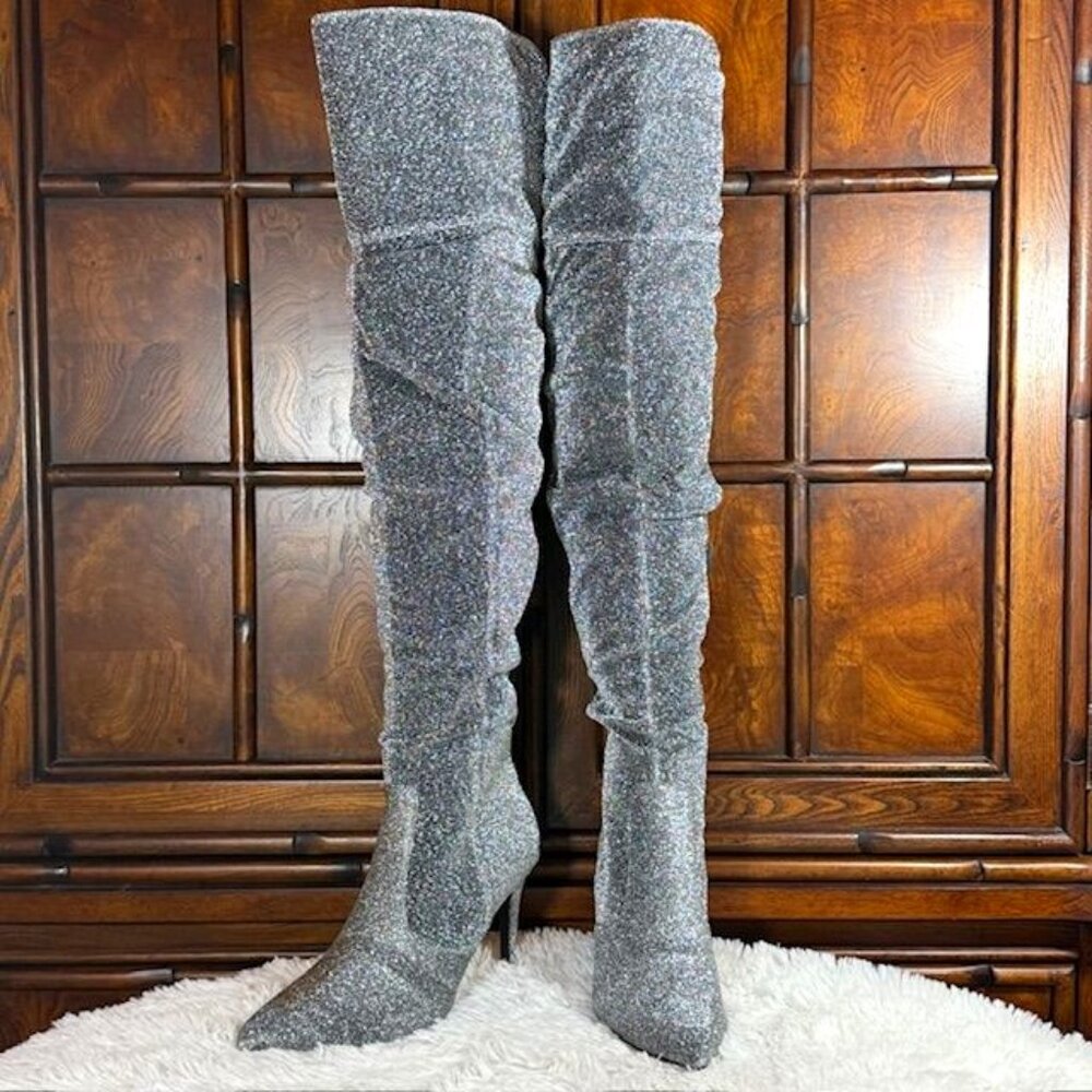 Brash Gray Silver Sparkle Over the Knee Pointed Toe Boot